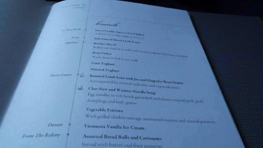 Brunch menu on SQ211 Singapore Airlines