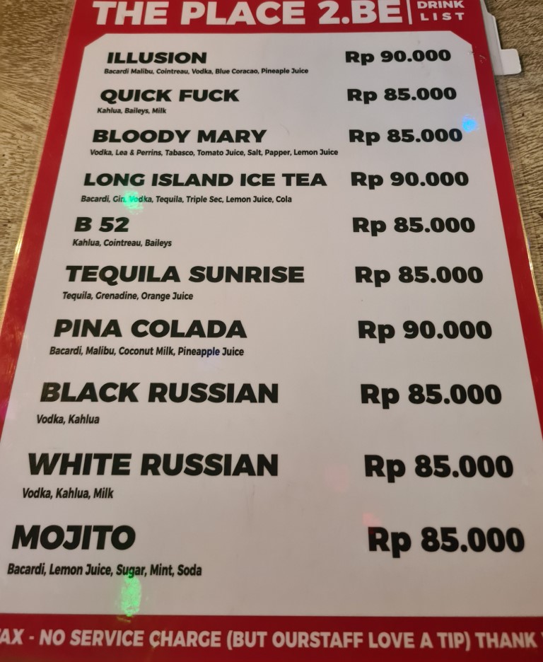Coctail Menu at Place 2 Be Sports Bar in Sanur