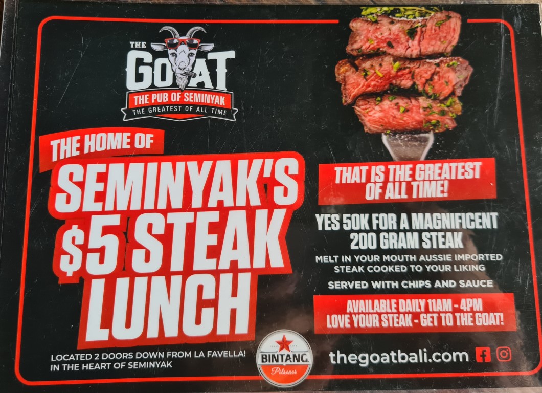 5 Dollar Steak deal at The GOAT Pub in Seminyak