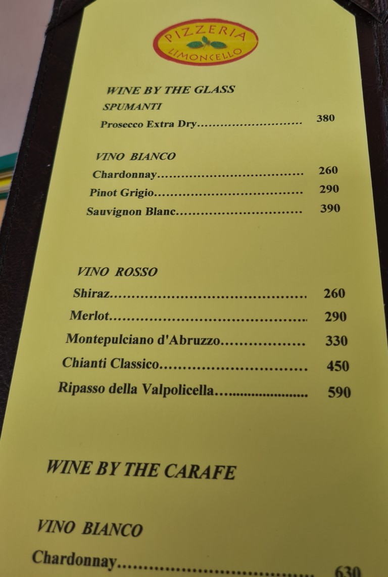 Wine by the glass menu at Pizzeria Limoncello Soi 11 Bangkok