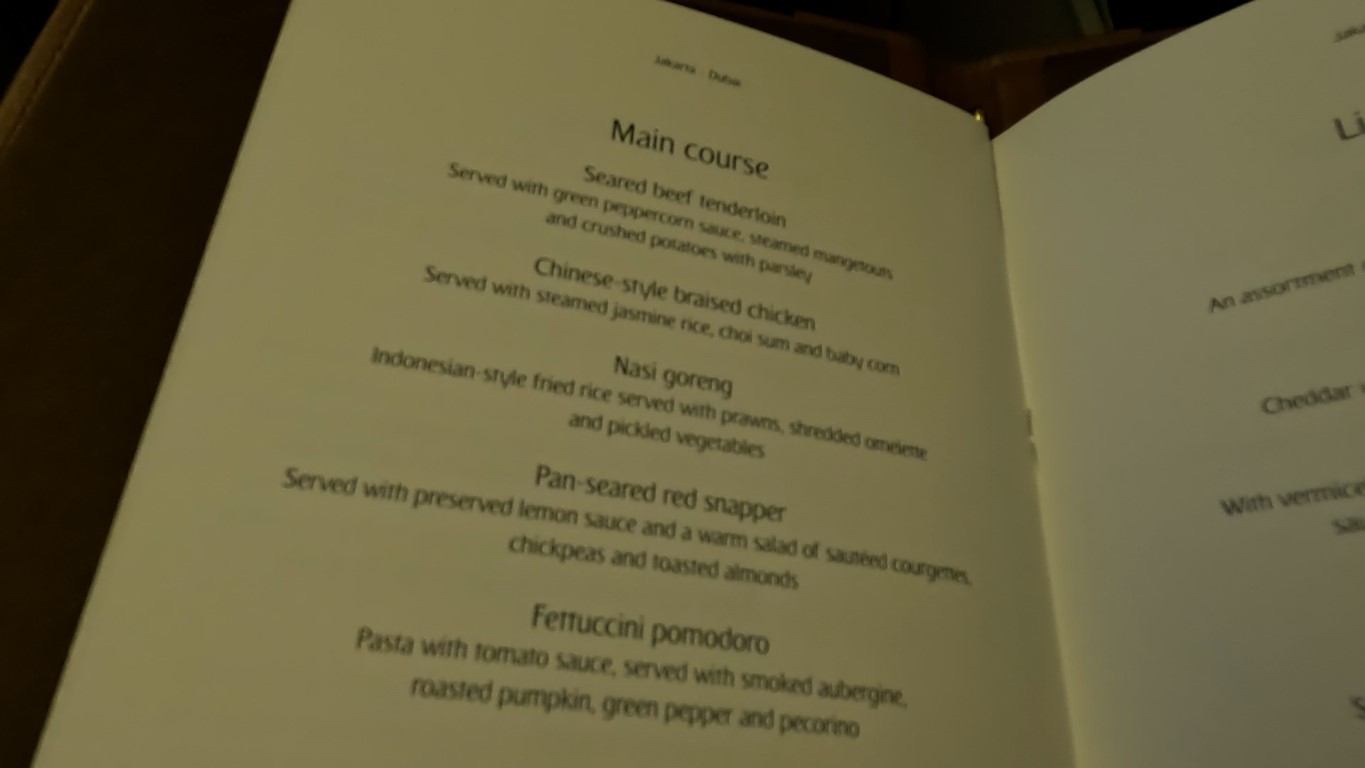 Main meal menu on Emirates First Class