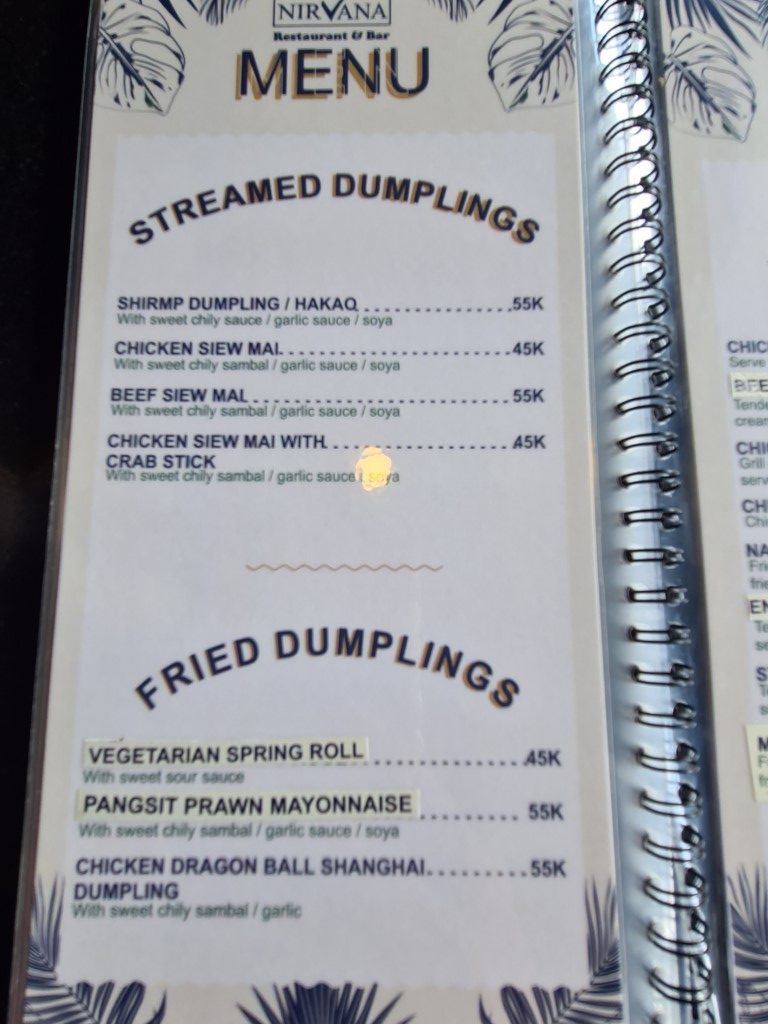 Dumplings menu at Nirvana Sports Bar Seminyak