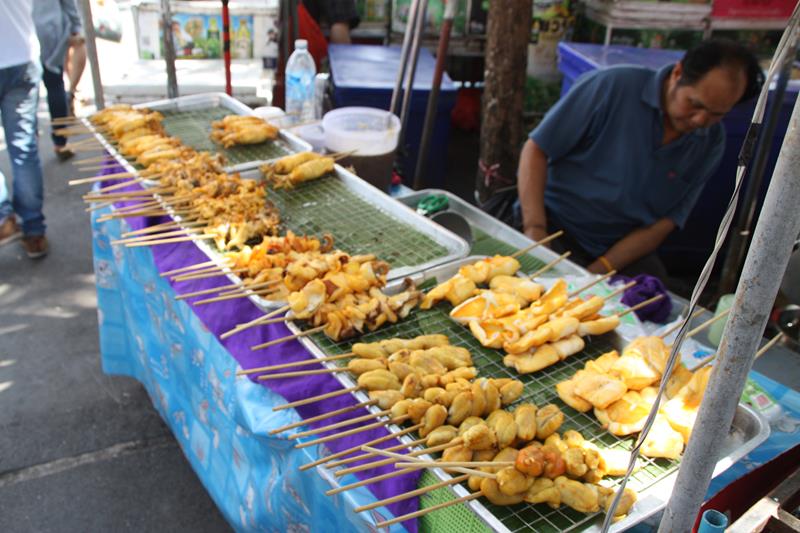 Seafood on a stick at Chatuchak markets Bangkok