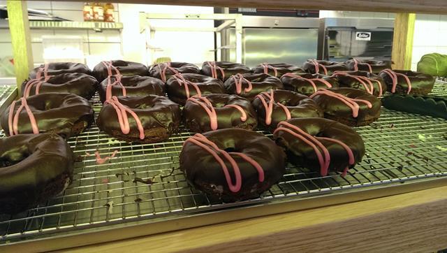 Red velvet donuts at Short Stop Coffee and Donuts