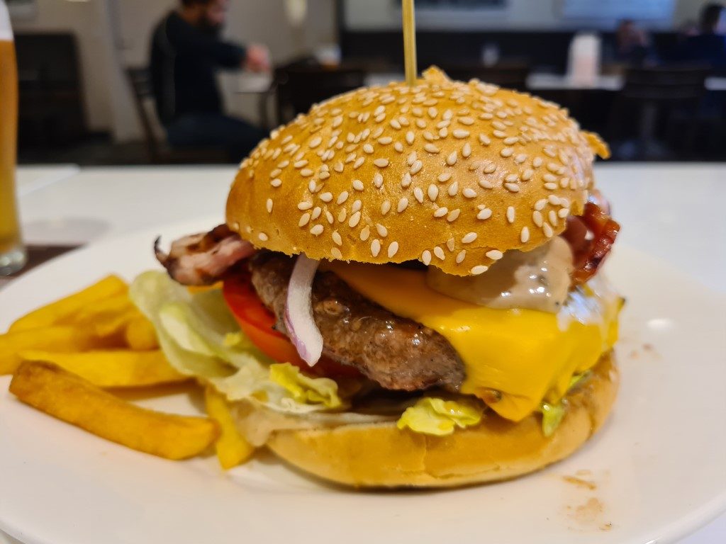 Wagyu Beef Burger with bacon, melted cheese and toppings at the Woolpack Hotel Parramatta
