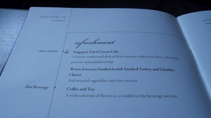Refreshment Meal Menu on SQ211 Singapore Airlines