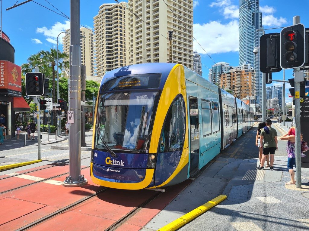 G:link light rail tram arriving at Cavill Avenue Station platform in the heart of Surfers Paradise, Gold Coast, Queensland, Australia