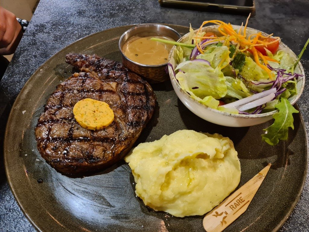 Scotch fillet steak 350g at Volcano's Steakhouse and Ribs Parramatta – premium Halal beef cooked rare