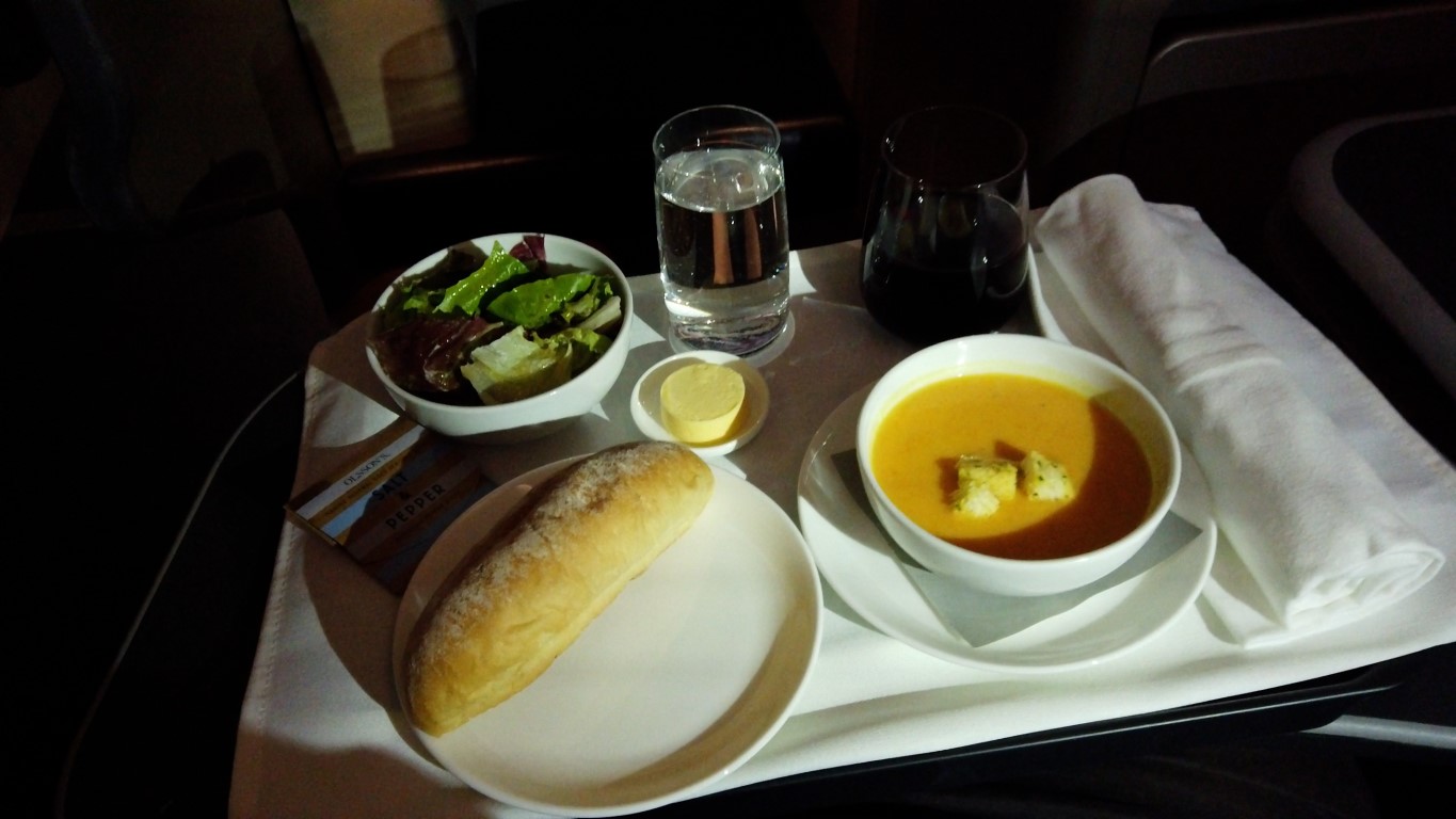 1st course of dinner on Qantas Business class