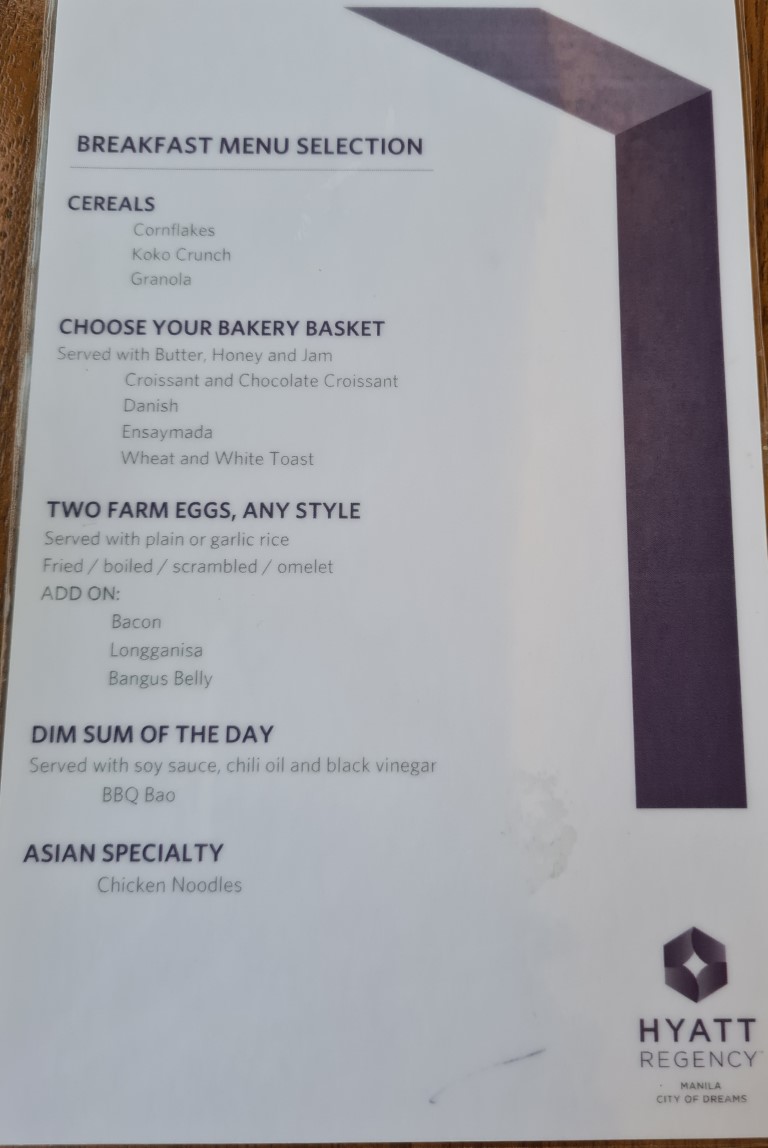 Breakfast menu in Regency Club Lounge Manila