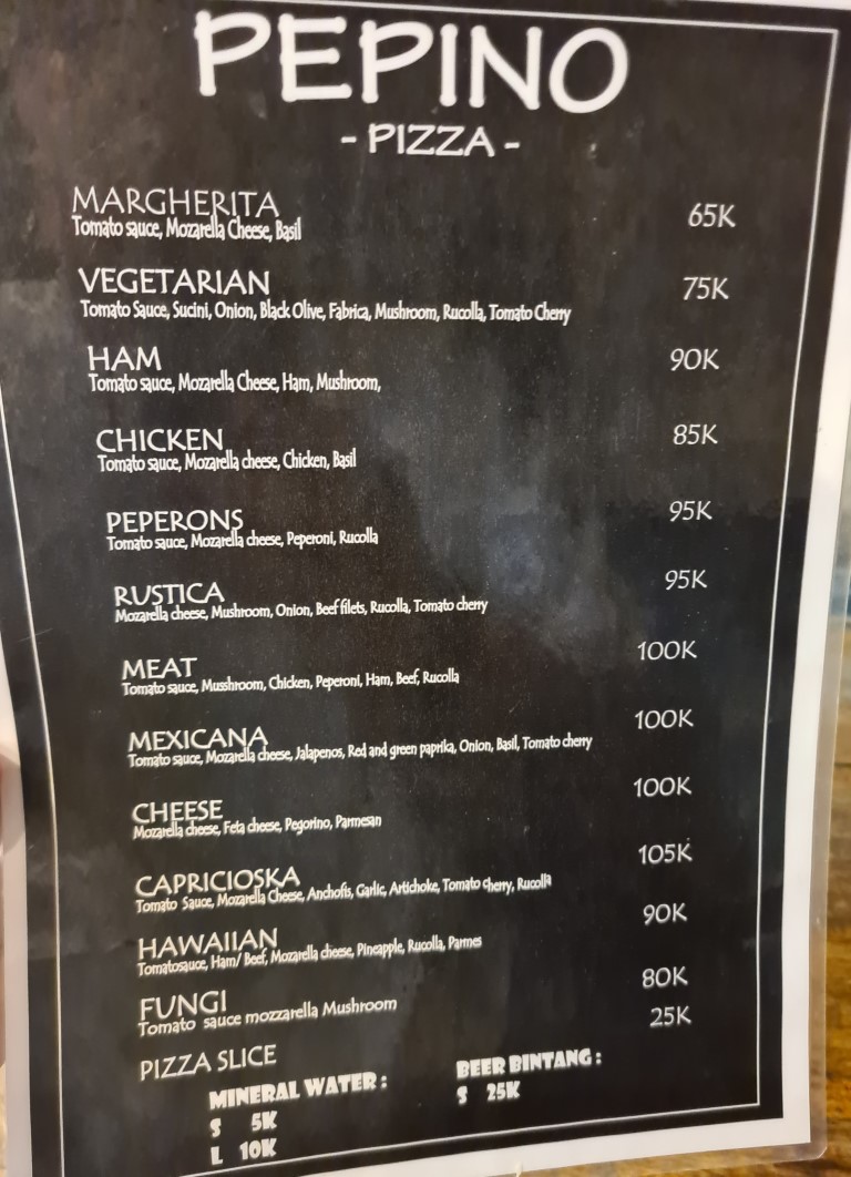Pizza menu at Pepino Pizzeria in Canggu Bali