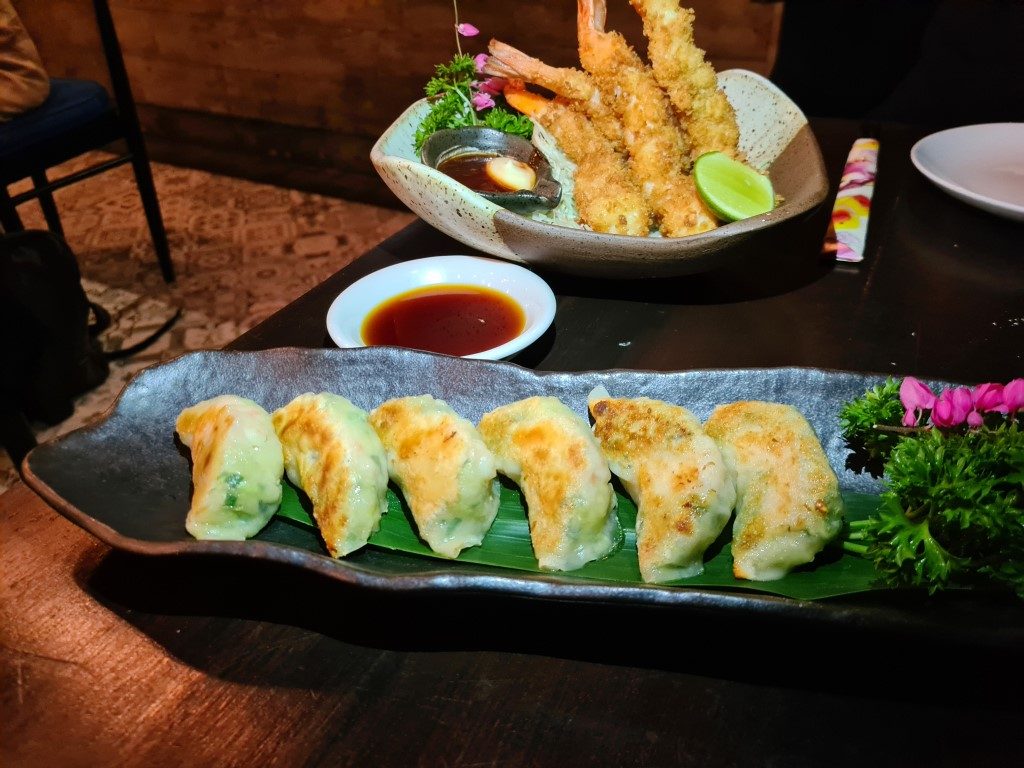 Pork gyoza dumplings and tempura prawns at Dahana Japanese Restaurant Seminyak Bali
