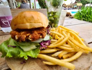 Tasty chicken Burger at Mrs Sippy Beach Club Seminyak Bali
