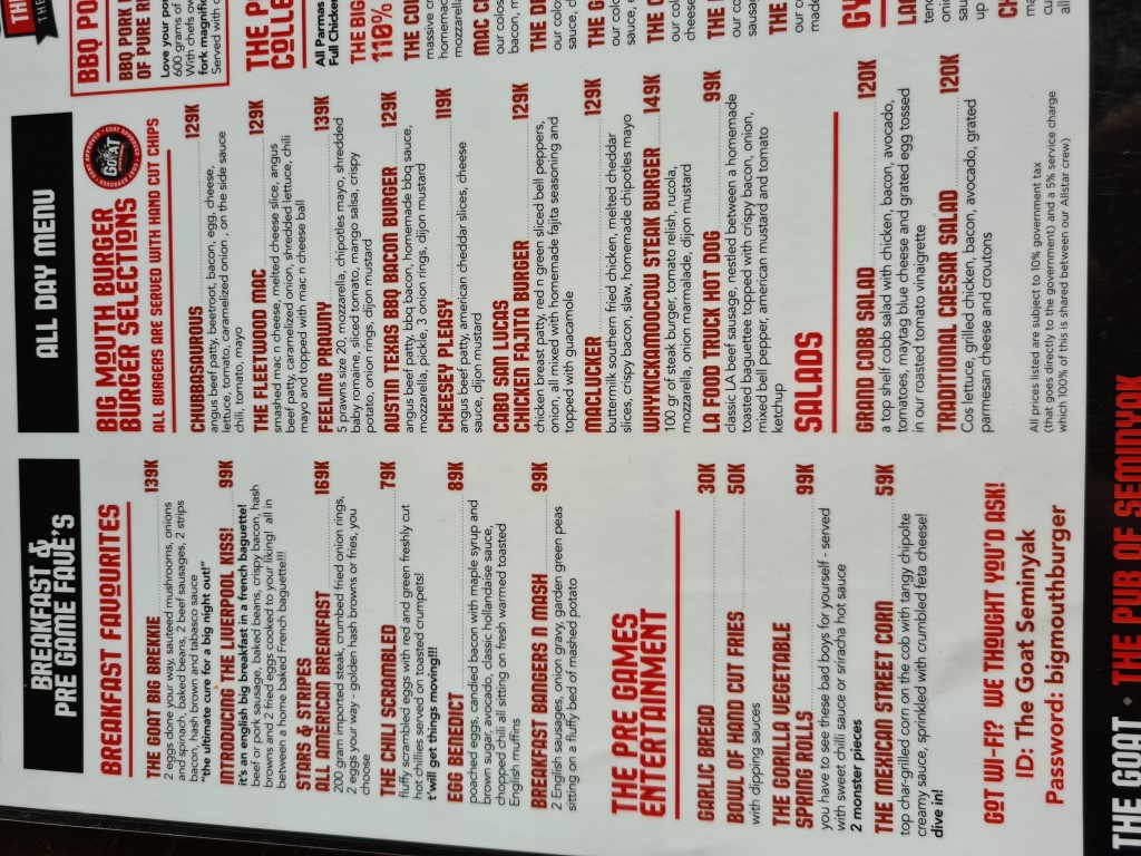 Food menu at The GOAT Sports Pub in Seminyak