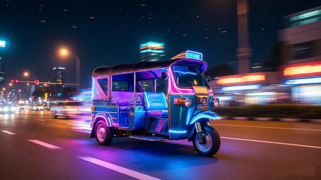 Pimped out tuk-tuk with neon lights driving down Sukhumvit Road Bangkok at night