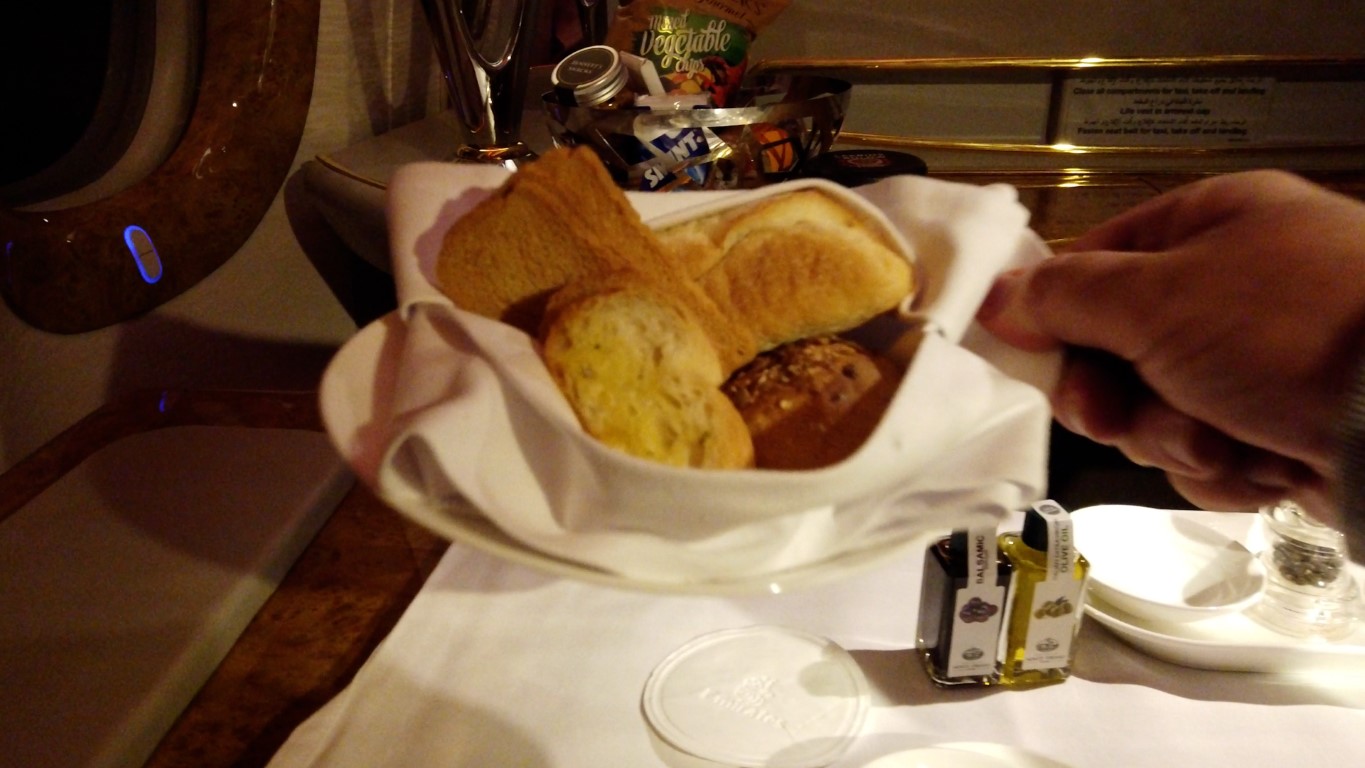 Bowl of bread served with the meal in Emirates First Class