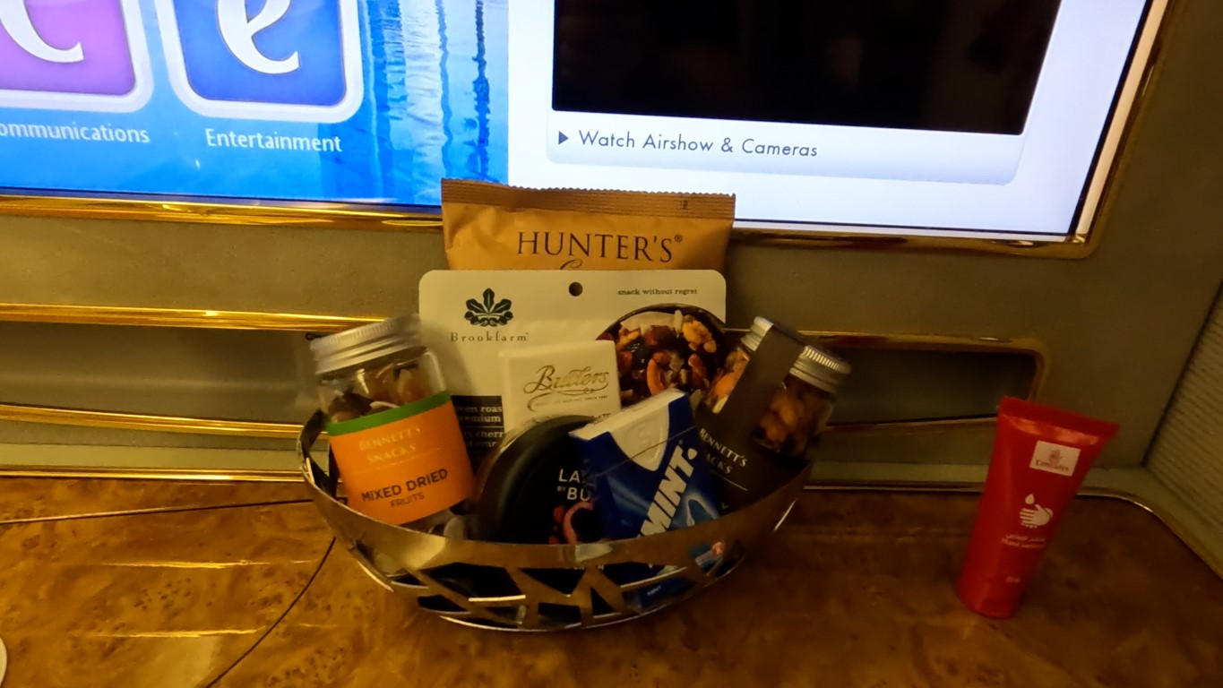 Bowl of snacks available in Emirates First Class