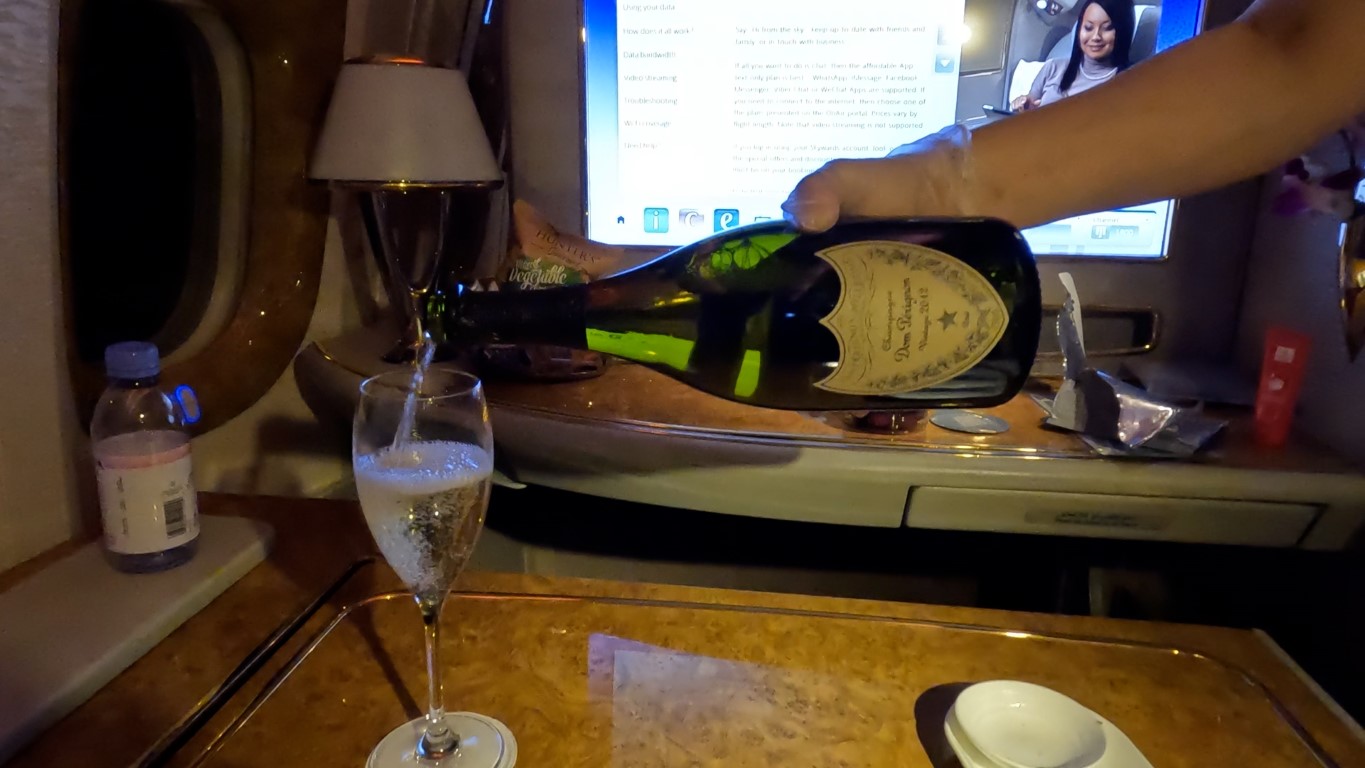 Dom Perignon Champagne served in Emirates First Class