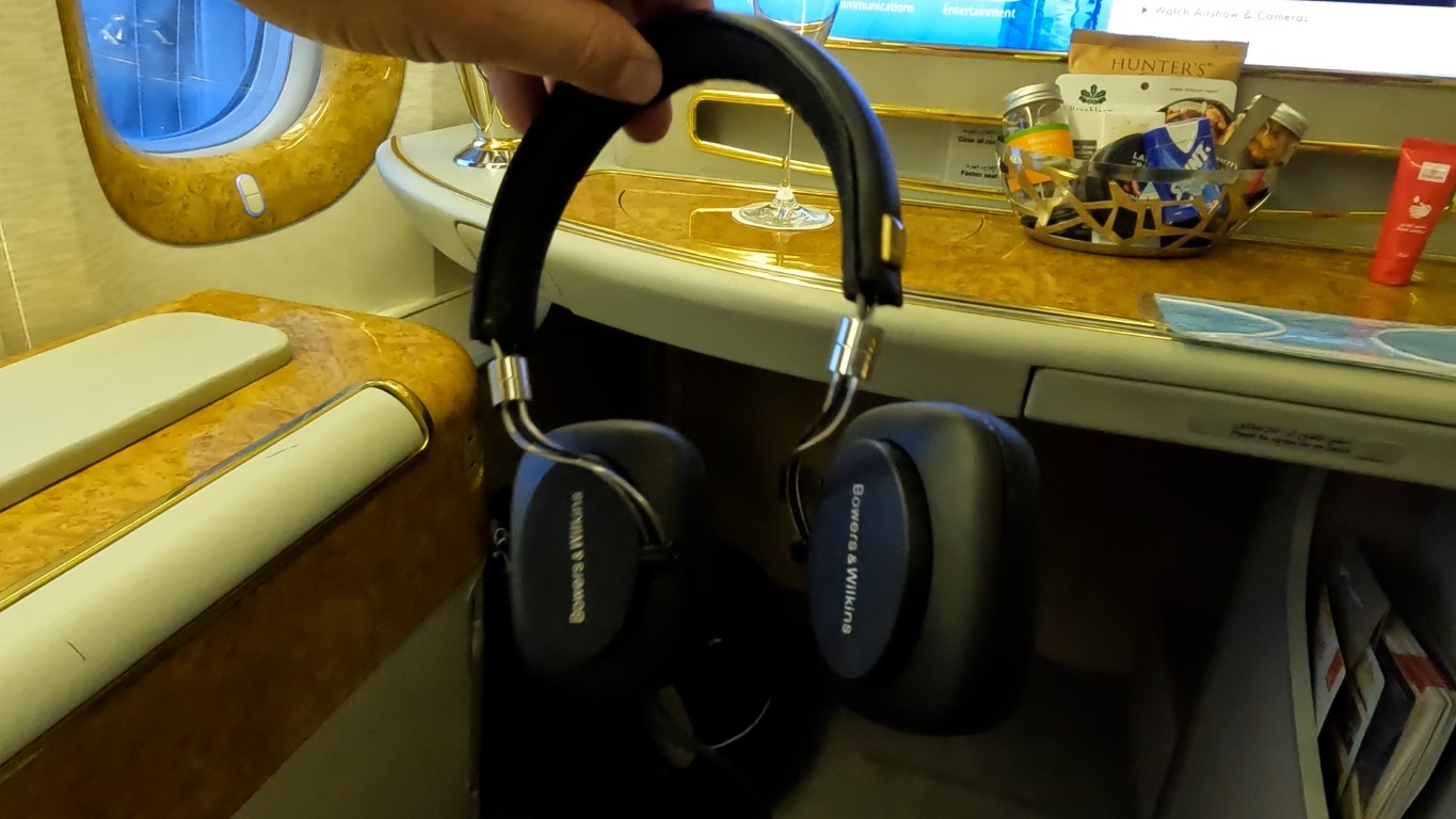 Noise cancelling headphones in Emirates First Class