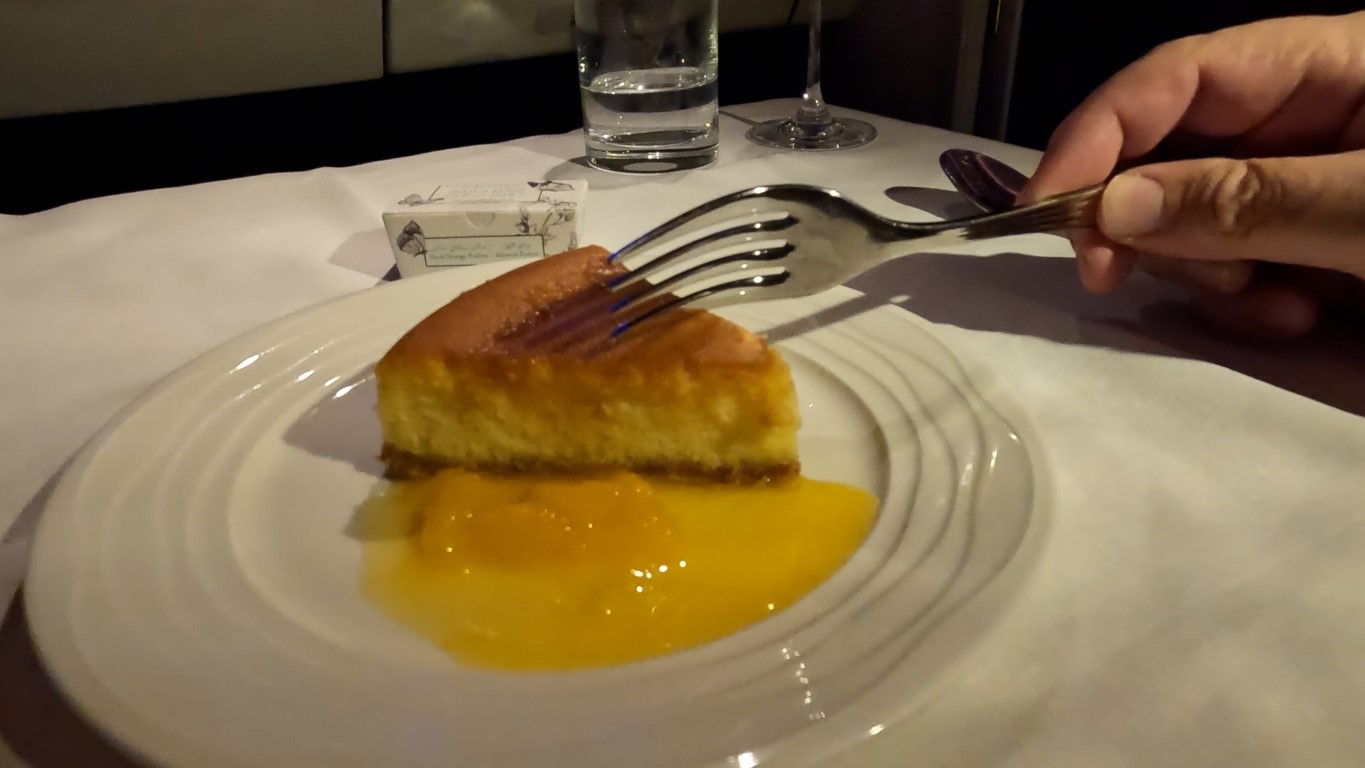 Salted Caramel Cheesecake dessert served in Emirates First Class