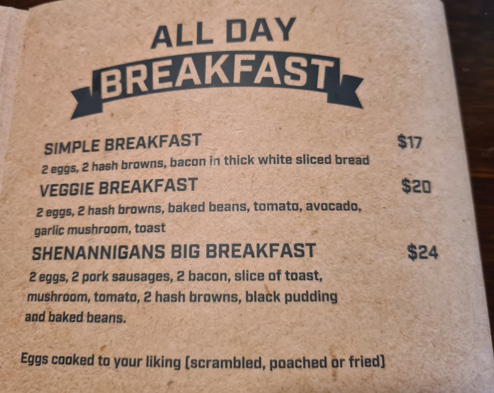 Breakfast Menu at Shenanigans Irish Pub Darwin