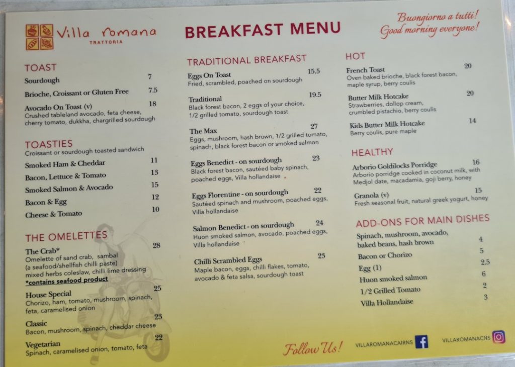 Breakfast Menu at Villa Romana Trattoria in Cairns