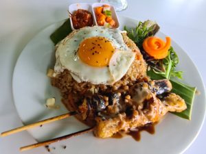 Indonesian Nasi Goreng Fried Rice with Chicken Satay at Bagus Cafe Cairns