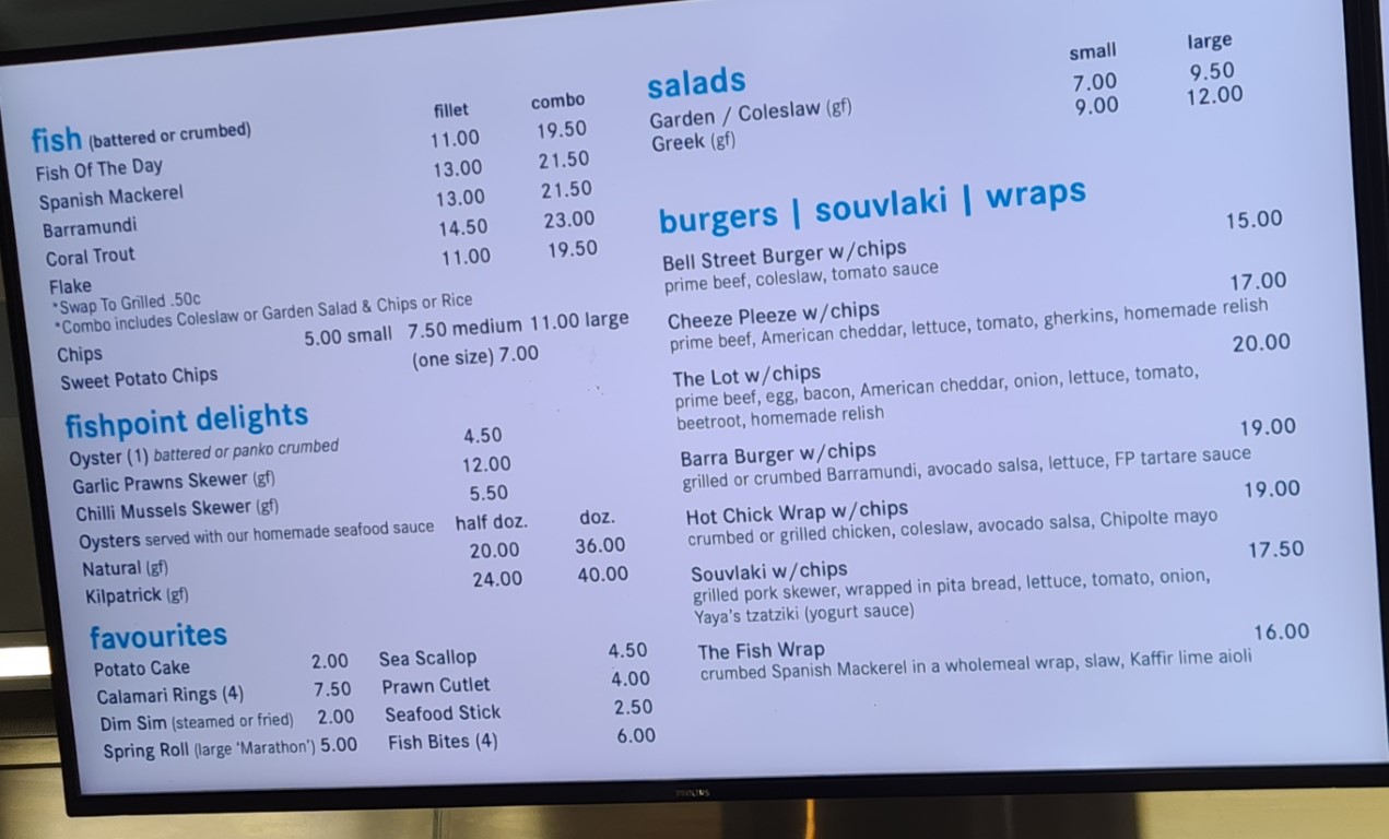 Menu at Fishpoint Cairns