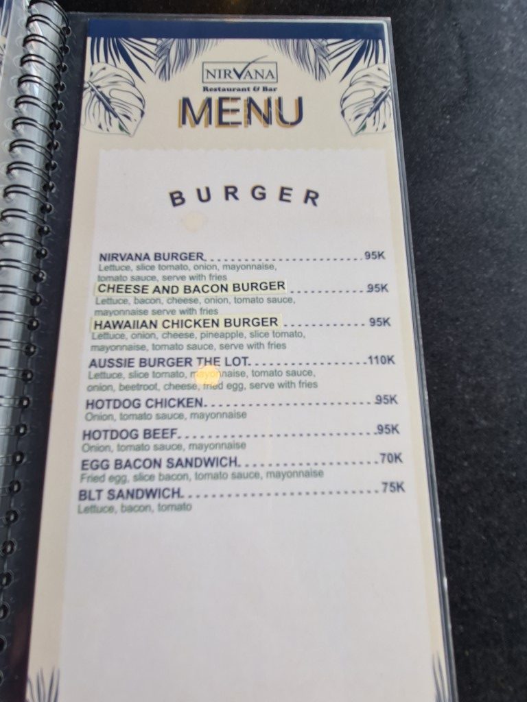 Burger menu at Nirvana Sports Bar
