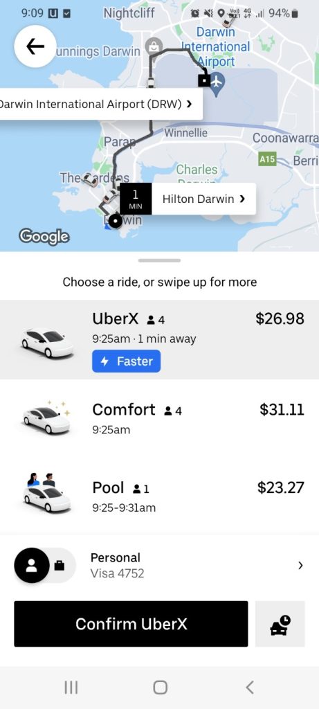 Cost of Uber from Darwin city to Darwin Airport