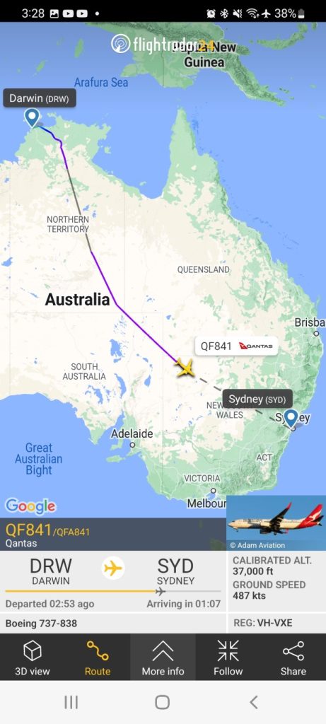 Flight Map from Darwin to Sydney