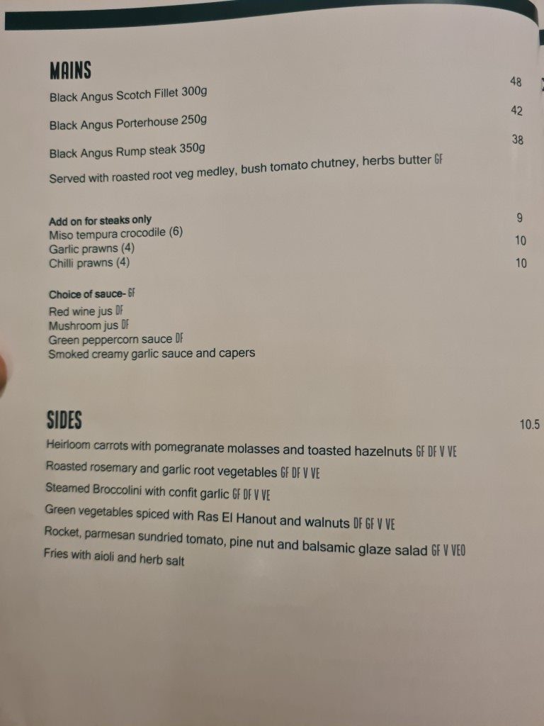 Steak menu at Pepperberry Restaurant Darwin at December 2022