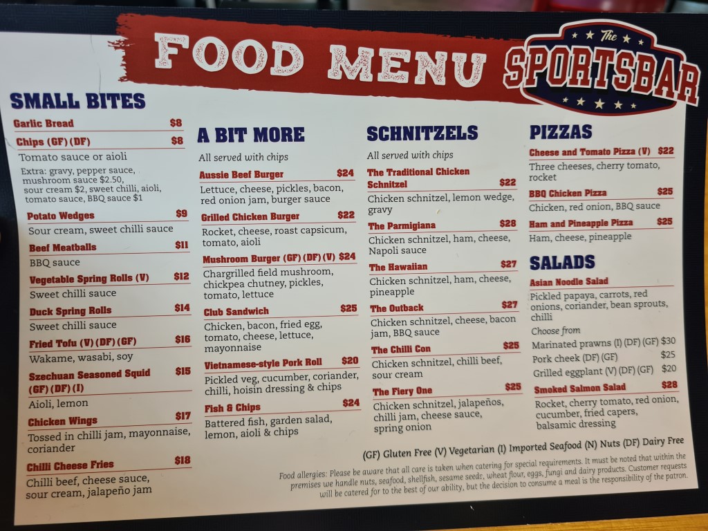 The Food Menu at The Sportsbar Darwin