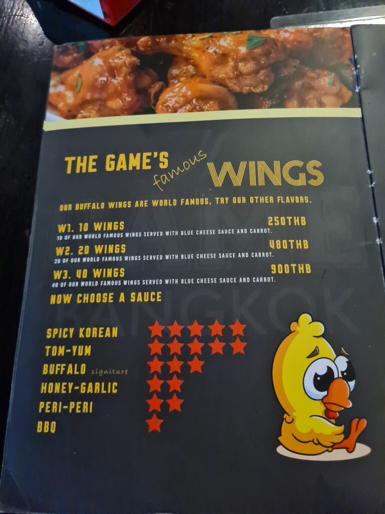 Chicken Wings Food Menu at The Game Sports Bar Bangkok