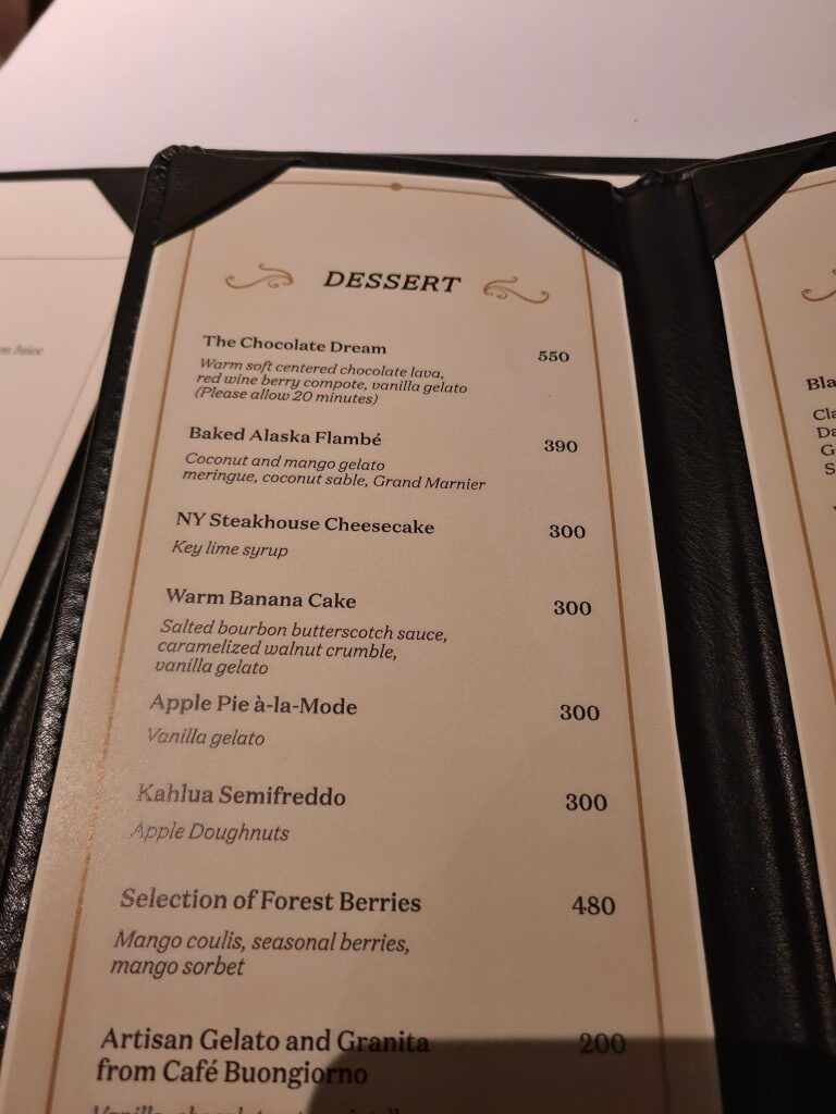 Dessert Menu at New York Steakhouse Bangkok