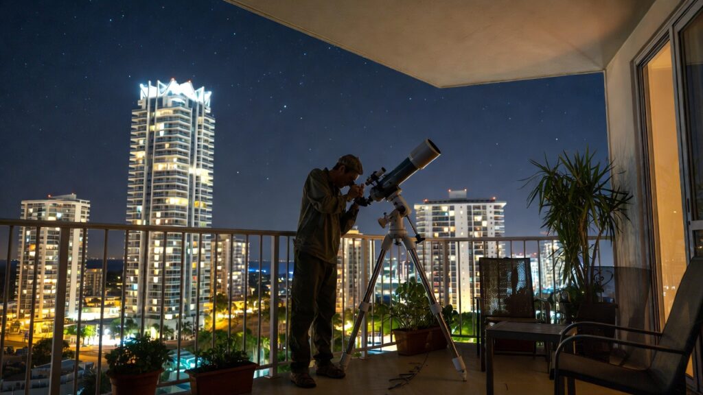 Amateur astronomer on a high-rise apartment balcony in Surfers Paradise using a portable telescope to stargaze at the night sky framed between opposite illuminated skyscrapers on the Gold Coast, Australia