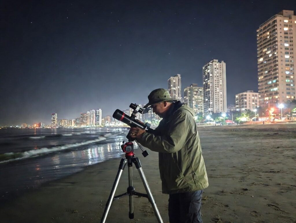 Amateur astronomer stargazing with a portable telescope on Surfers Paradise Beach at night, looking up at the starry sky amid bright high-rise city lights on the Gold Coast, Australia