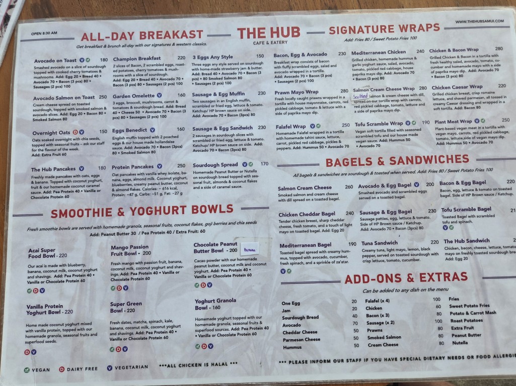 Breakfast Menu at The Hub Cafe Lamai Beach