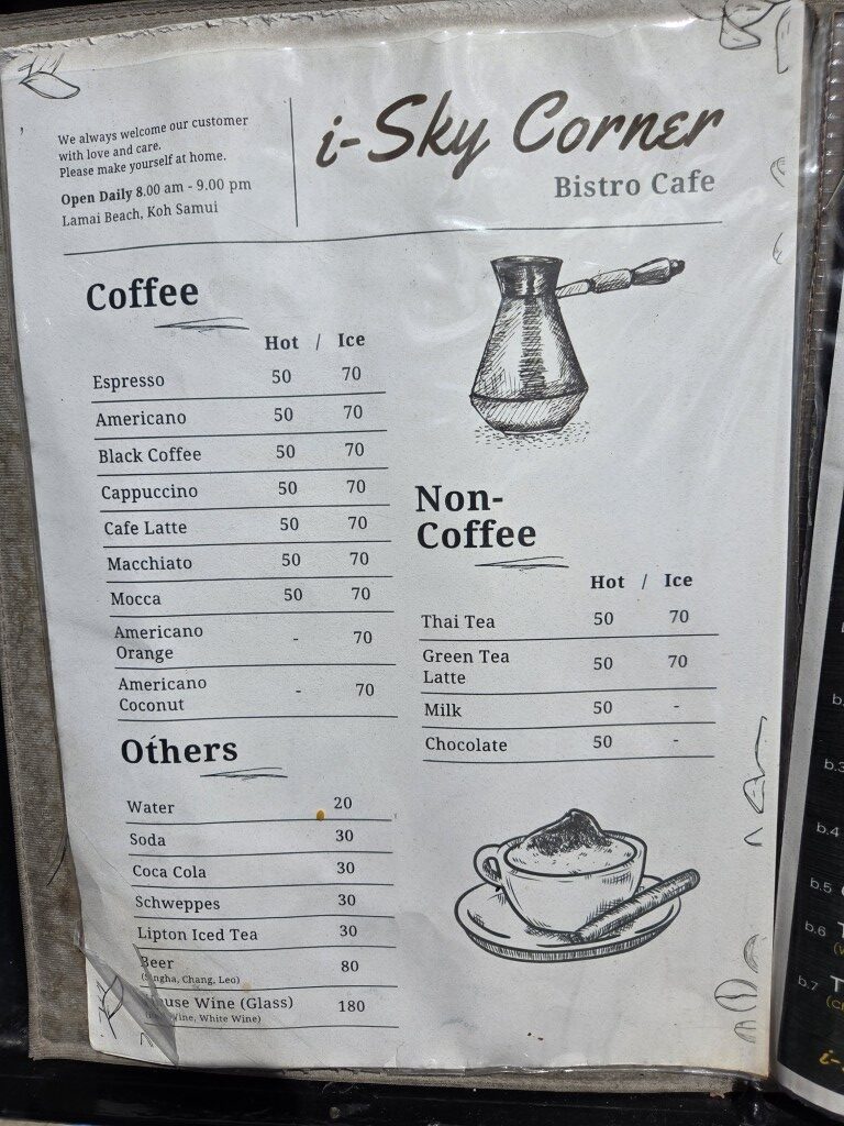 Menu at i-Sky Corner Cafe Lamai Beach