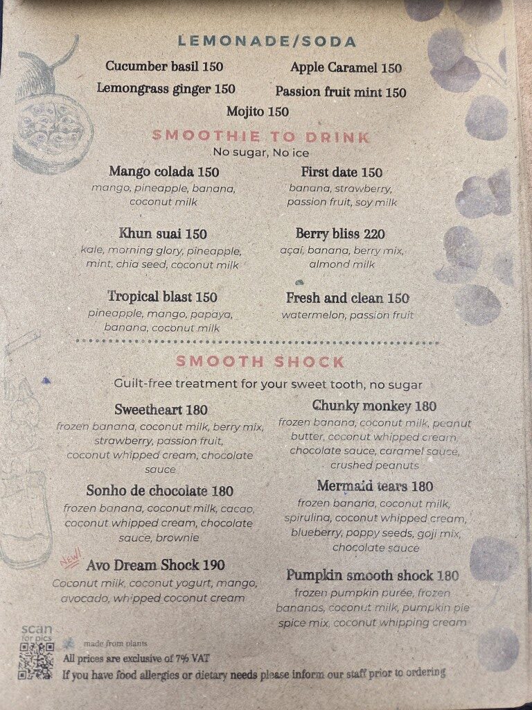 Smoothie menu at Annie's Eatery Lamai Beach