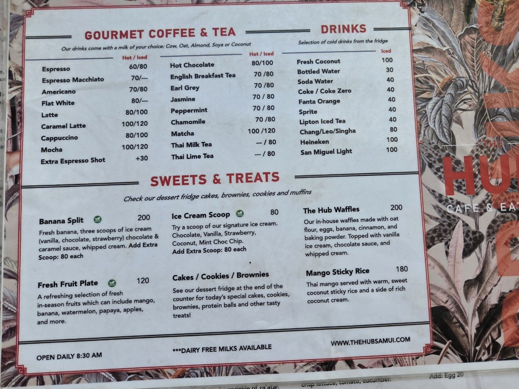 Tea Coffee and Dessert menu at The Hub Cafe Lamai Beach